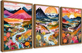Floating Framed Large Boho Colorful Wall Art, Abstract Watercolor Mountain Landscape Wall Decor Painting Set of 3, Modern Flower Aesthetic Posters Prints for Living Room Bathroom Bedroom 16x24 Inch