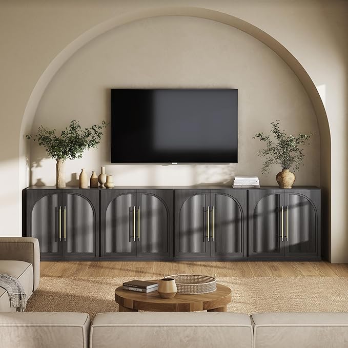 Belleze 4-Piece Modular TV Stand Set -Fluted Entertainment Center with Double-Arc Door,Modern Sideboards With Storage and Adjustable Shelves,Classic Media Console Table Cabinet For Living Room (Ebony)