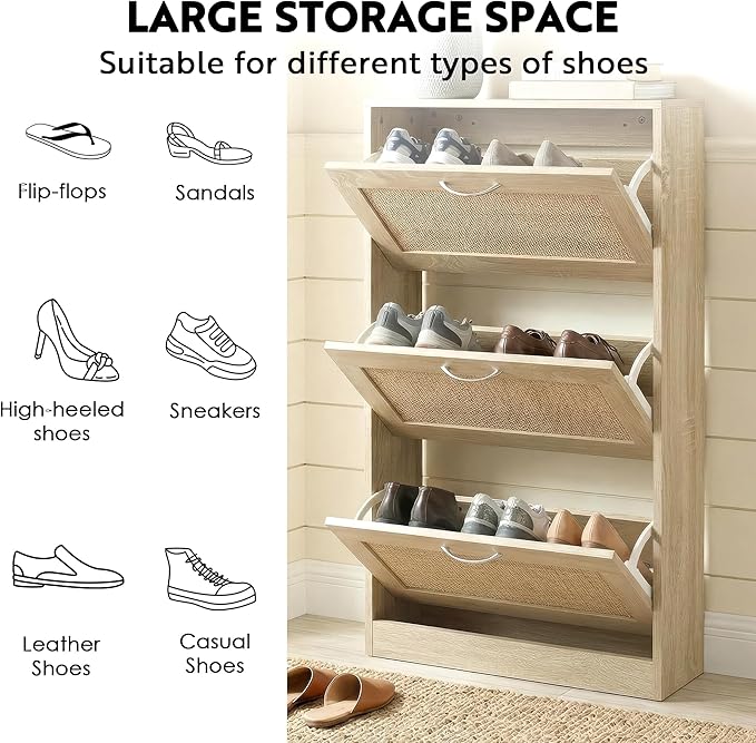HOPUBUY Rattan Shoe Cabinet for Entryway, Narrow Shoe Storage Cabinet with 3 Flip Drawers, Hidden Shoe Cabinet Wood 3 Tier Slim Shoe Rack for Home and Apartment, Nature | Shoe Storage Cabinet, Hidden, Shoe Cabinet Wood, Slim, Shoe Rack
