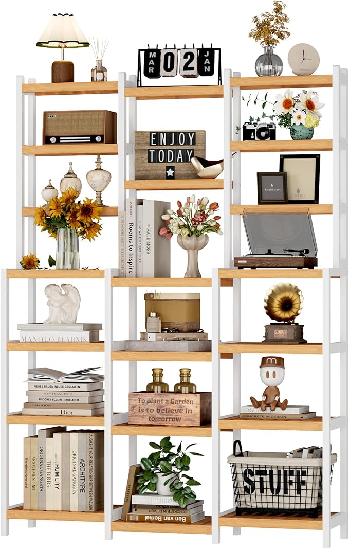 FOTOSOK Bamboo Shelf, 7 Tier Plant Stand Indoor, 3 Row Ladder Shelf, Bookshelf and Bookcase, Corner Display Stand with Adjustable, Flower Stand for Living Room Balcony Kitchen, White and Natural