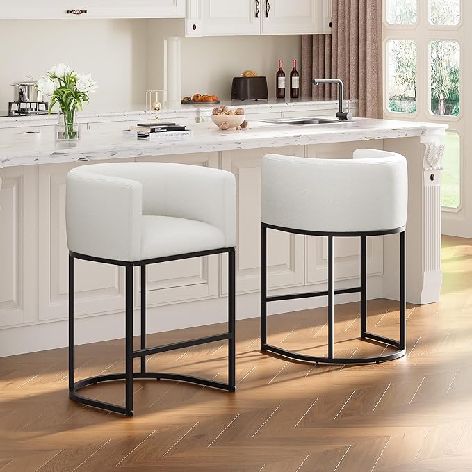 26" H Counter Height Bar Stools Set of 1, Modern Barrel Counter Stools with Backrest and Arms, Linen Fabric Upholstered Accent Barstools for Kitchen Island,Support 450 LBS (White)