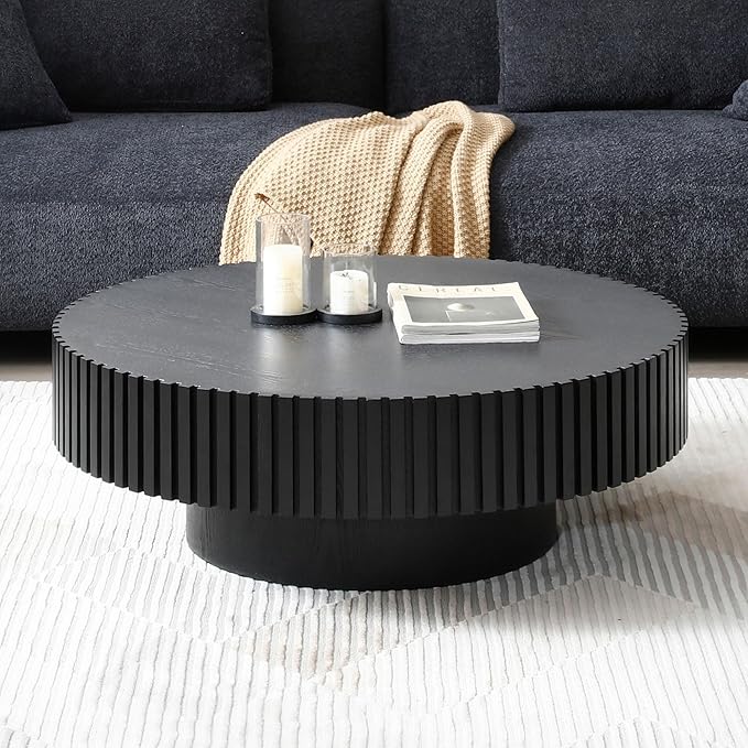39" Round Black Coffee Table for Living Room, Mid Century Modern Coffee Table with Sturdy Pedestal, Circle Center Table Accent Tea Table for Apartment