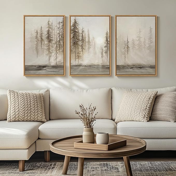 Framed Neutral Tree Set of 3 Wall Art for Living Room, Abstract Modern Rustic Landscape Beige Canvas Artwork for Walls, Nordic Misty Forest Farmhouse Wall Decor for Bedroom Hallway Office, 16x24 Inch