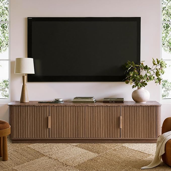 win2win 71" TV Stand for 80 Inch TV, Mid Century Modern Fluted Entertainment Center with Faux Marble Top, Curved Corners, Minimalist Media Console with Storage for Living Room Bedroom, Walnut
