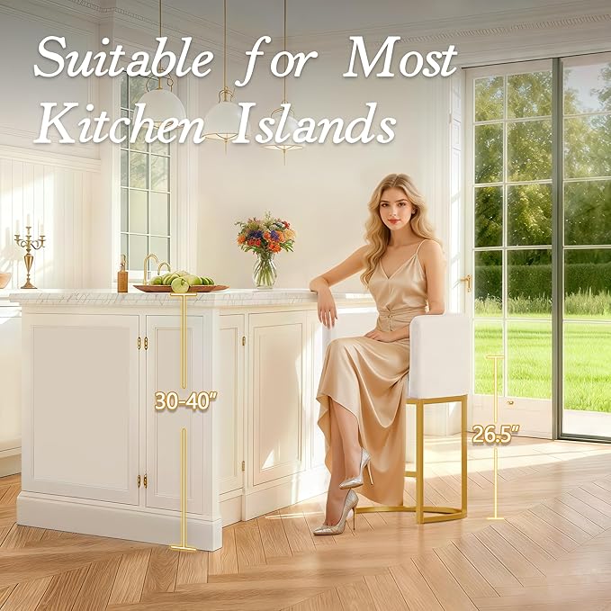 26" Modern Counter Height Bar Stools,Velvet Fabric Upholstered Barrel Barstools with Backs,Island Chairs bar stools Set of 1,Metal Gold Frames,Beige White Velvet