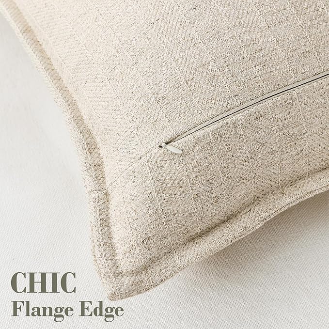 DEZENE 26x26 Linen Euro Sham Pillow Covers Natural Beige Pack of 2 Farmhouse Boho Neutral Accents Striped Textured Square Decorative Throw Pillow Cases for Living Room Couch Bed Home Decor