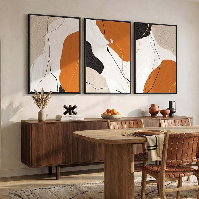 Framed Orange Abstract Wall Art for Living Room, 3 Piece Modern Minimalist Canvas Print Artwork for Walls, Large Neutral Abstract Paintings Picture for Bedroom Office Dining Room Wall Decor, 24x36 In