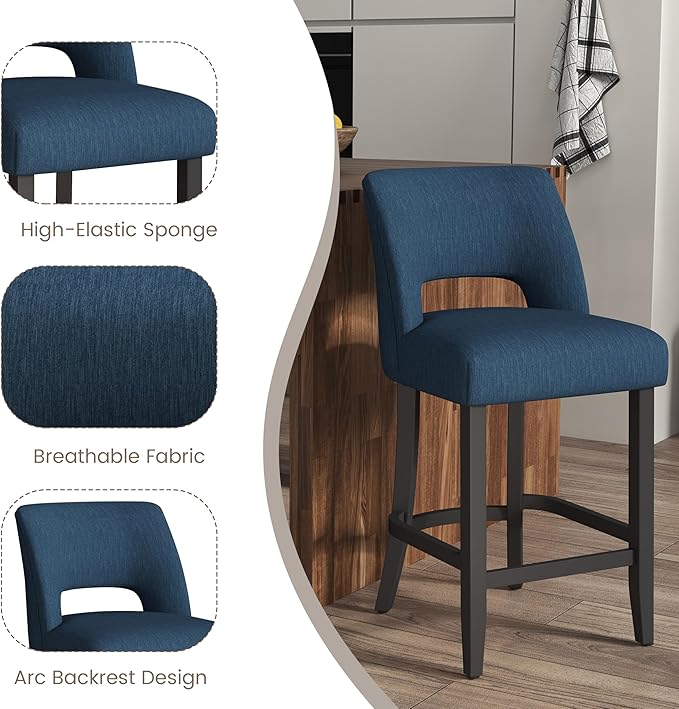 VKNOW Bar Stools Set of 4, Modern Counter Height Bar Stools, 26" Upholstered Counter Stools with Black Wood Legs for Kitchen Island Dining Room Bar, Blue-Black Legs