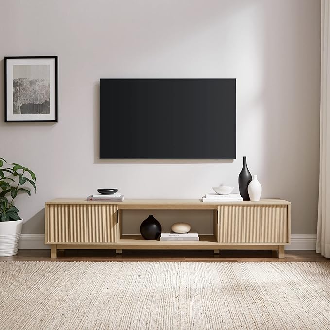 Walker Edison Arundo Fluted TV Stand for TVs up to 80 Inches, 70" TV Stand, Coastal Oak