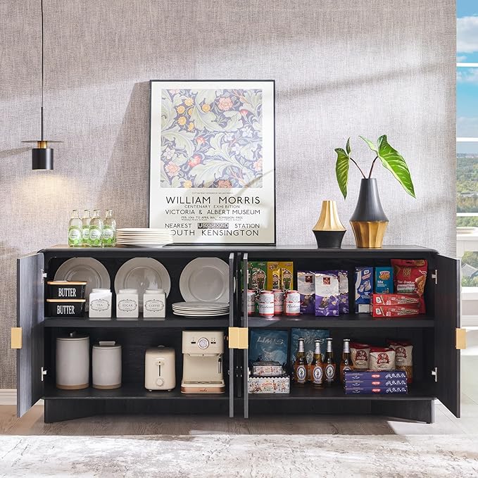 IFGET Modern Buffet Cabinet with Storage, 70" Large Sideboard Buffet Storage Cabinet with 4 Doors and Adjustable Shleves, Wooden Curved Coffee Bar for Dining Room, Kitchen, Living Room, Dark Grey