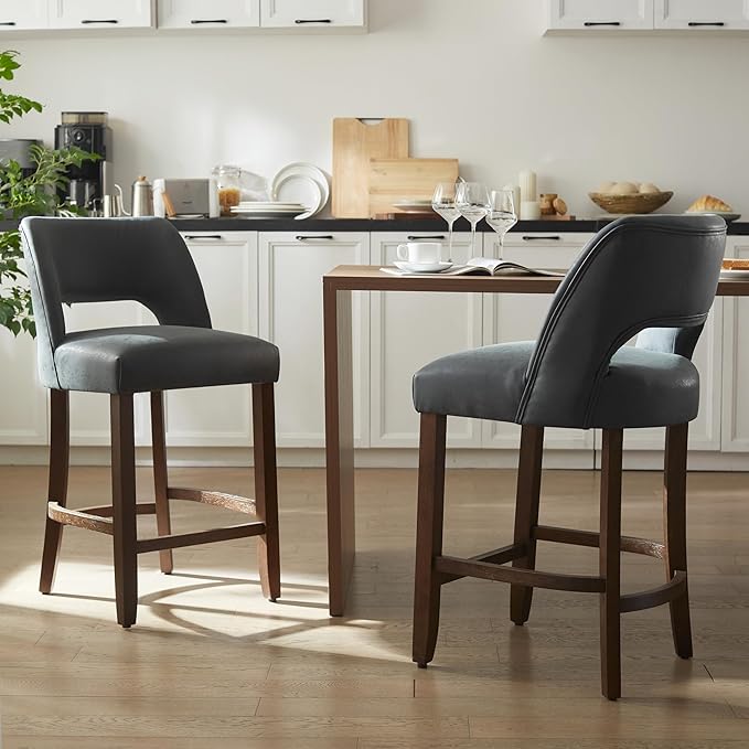 VKNOW 26" Bar Stools Set of 2, Faux Leather Counter Height Bar Stools with Backrest and Rubberwood Legs, Upholstered Barstools for Kitchen Island, Bar and Dining Room, Black