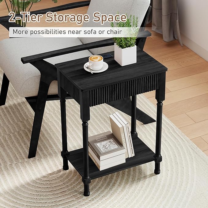 Night Stand Set of 2,Fluted Nightstand with Charging Station, 23.6” Large Bed Side Table End Table with Drawer, Modern Mid Century Wooden Night Stands Bedside for Bedroom Living Room Sofa Office,Black