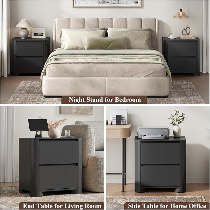 Black Nightstands Set of 2 with Charging Station, 23.6" Modern Night Stand with Unique Thickened Foot and 2 Storage Drawers, Bedside Table with Rounded Corner Design for Bedroom