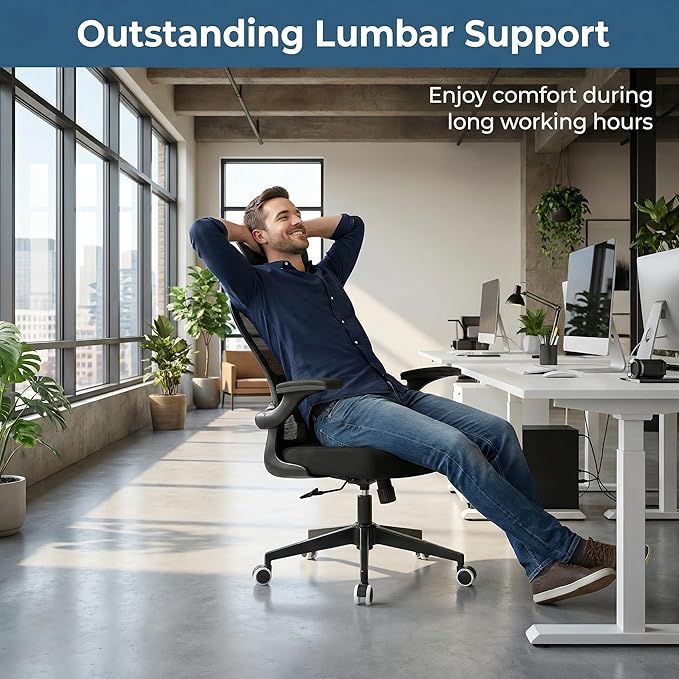 Office Chair with Adjustable Lumbar Support & Flip-Up Armrests -Ergonomic High Back Computer Desk Chair with Thickened Seat Cushion, Rolling Wheels for Home/Office Study Work (02H-Black)