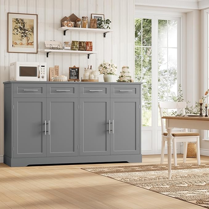 HOSTACK 60" Large Buffet Sideboard with Storage, 36" Tall Kitchen Buffet Storage Cabinet with 4 Drawers, Modern Coffee Bar Cabinet with Silver Handles, Long Sideboard Buffet Table for Kichen, Grey