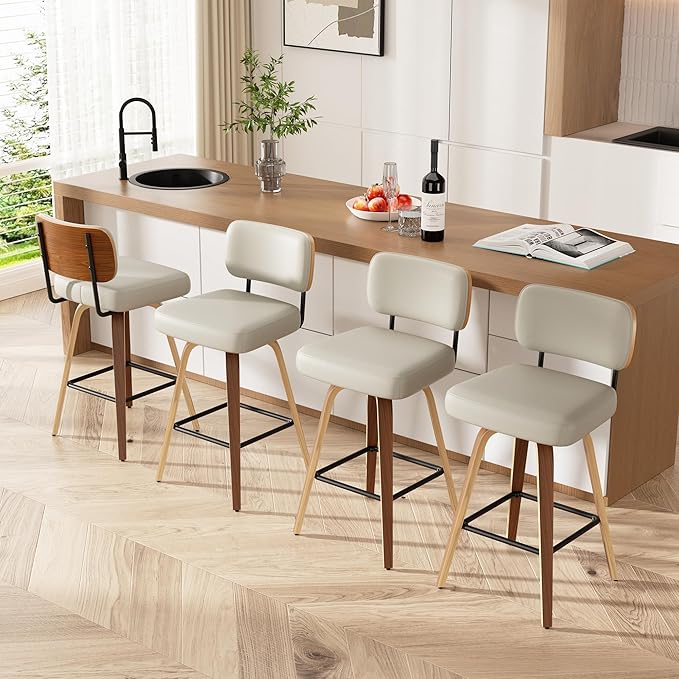 Swivel Bar Stools Set of 4, 26" Upholstered Faux Leather Counter Height Barstools with Walnut Back & Bentwood Legs, Mid Century Modern Bar Chairs Island Stools for Kitchen Counter, Beige Grey