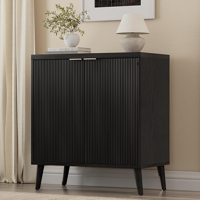 Homleke Buffet Cabinet with Storage, Modern Fluted Accent Sideboard with Doors & Adjustable Shelves, Buffet Table Entryway Cabinets for Living Room, Kitchen, Dining Room, Hallway, Black