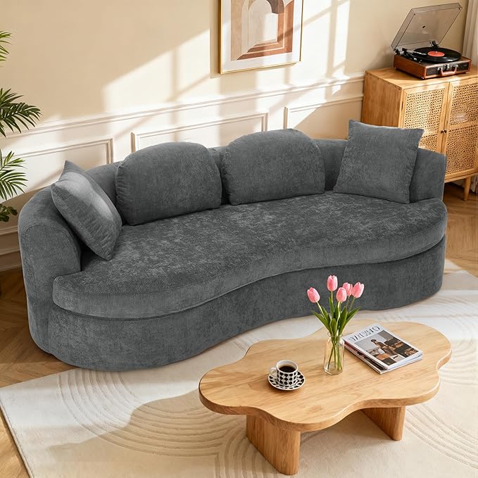 95” Modern Curved Sofa, Chenille Fabric Comfy Cloud Couch, No Assembly Required Half Moon Couch with Deep Seat, 4 Pillows for Living Room, Apartment, Bedroom