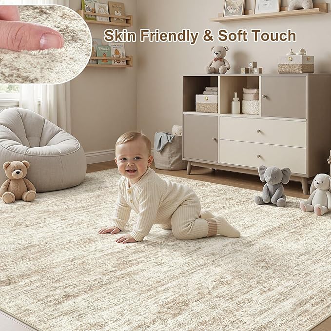 cotiled Large Area Rugs for Living Room 7x9, Machine Washable Rugs with Non Slip Backing Modern Neutral Abstract Rugs Stain Resistant Distressed Carpets for Home Office Decor (7x9 Beige/Brown)