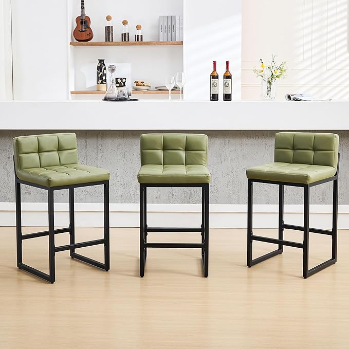 FIRAVOE Bar Stools Set of 3, Upholstered PU Leather Counter Height Barstools with Low Back and Thickened Metal Legs, Modern Counter Stools for Kitchen Island (Avocado Green, 3Pcs 26" Counter Stools)