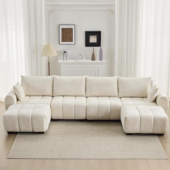 143" Oversized Cloud Couch Sectional, Comfy U Shaped Couch with Two Ottomans and Solid Wood Legs, Mid Century Modern Modular Sectional Couches for Living Room, Tufted Sofas for Living Room, Beige