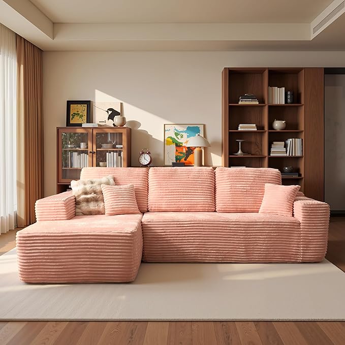 ovios 104" Cloud Boneless Couch with L-Shape Chaise,Modern Sectional Modular Sofa with Deep Seat, Upholstered Couches for Living Room Bedroom,No Assembly Required, Pink (Plush Corduroy Fabric)