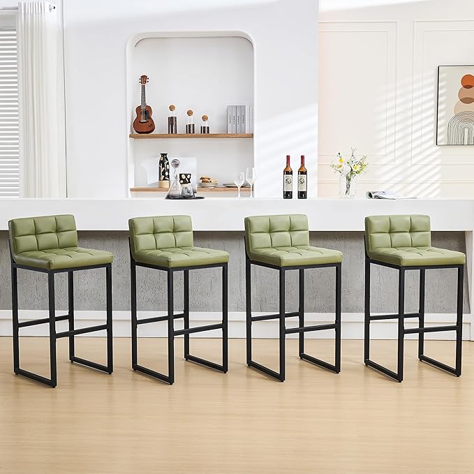 FIRAVOE Set of 4 Bar Stools, Upholstered Bar Height Barstools with Low Back and Thickened Metal Frame, Modern Tall Bar Chairs for Kitchen Island, Bar, Counter (Avocado Green, 4Pcs 30" Bar Stools)