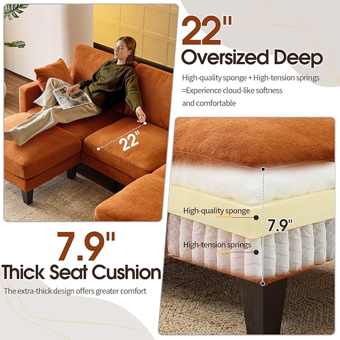 VINGLI 100" W U Shaped Couch with Ottoman, 22" Deep Seat Comfortable Sectional Couches for Living Room, 3 Seater Chenille Fabric Cloud Sofa for Apartment, Small Spaces, Bedroom, Orange