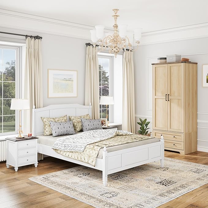 Brafab Armoire Wardrobe Closet with 2 Modern Doors Set of 2, 71" Tall Freestanding Closet Wardrobe Cabinet with Drawers and Hanging Rail, Wooden Storage Cabinet with Shelve for Bedroom, Natural