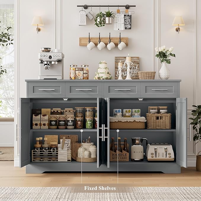 HOSTACK 60" Large Buffet Sideboard with Storage, 36" Tall Kitchen Buffet Storage Cabinet with 4 Drawers, Modern Coffee Bar Cabinet with Silver Handles, Long Sideboard Buffet Table for Kichen, Grey