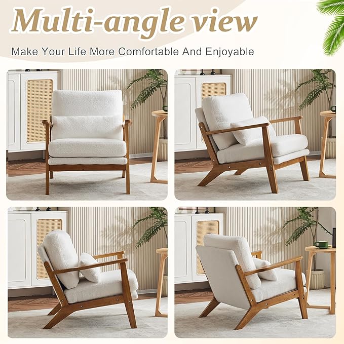 VINGLI Solid Wood Wide Armrests Accent Chair,Upholstered Mid Century Modern Chair with Pillow,Comfy Reading Chair Farmhouse Arm Chair,Chairs Living Room,Bedroom,Guest Room,Teddy Fleece,White