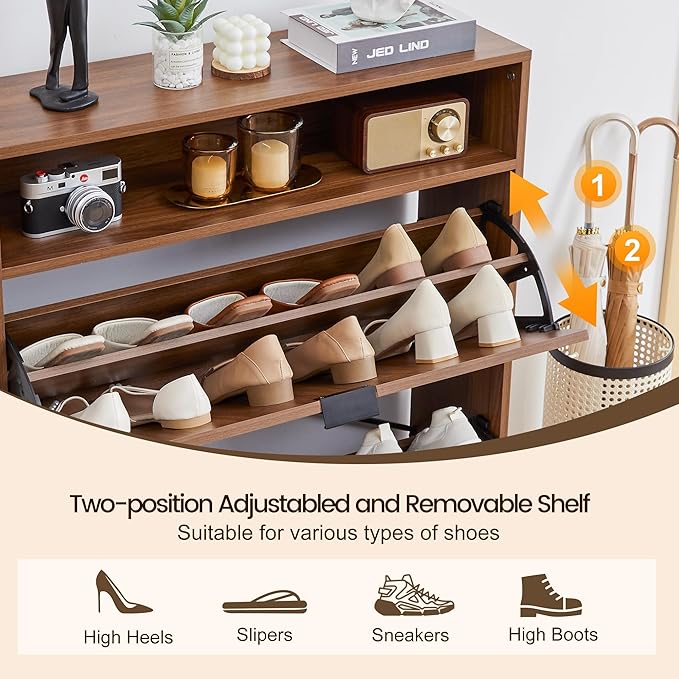 FurSch Fluted Shoe Cabinet with 2 Flip Drawers, Slim Freestanding Hidden Shoe Cabinet Organizer, Narrow Shoes Storage Rack for Entryway (All Walnut-2 Drawers, 9.45" D x 31.5" W x 41.93" H)