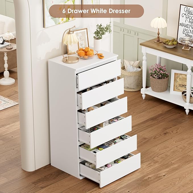 FOTOSOK White Dresser, 6 Drawer Dresser, Modern Tall Floor Storage Cabinet with Metal Sliding Rail, Wooden Handleless Drawer Cabinet, 6-Layer Large Capacity Vertical Dressers for Home & Office