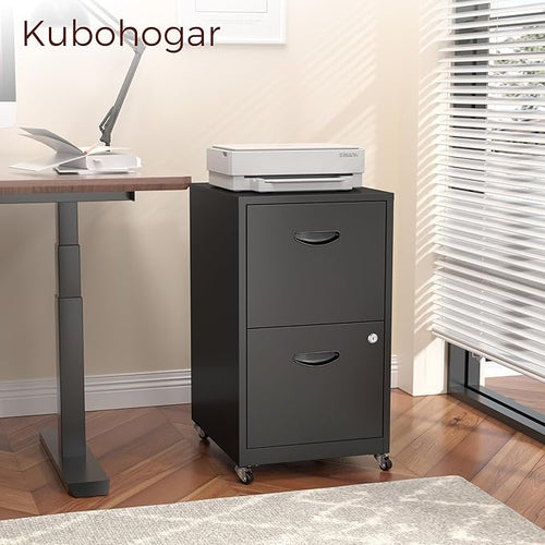 2 Drawer Mobile File Cabinet with Lock, Black Metal Filing Cabinets with Wheels, Vertical Rolling File Cabinet Fit Hanging Files, Letter and A4 Documents