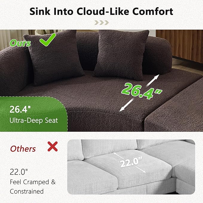 106.7" Modern Curved Oversized Sectional Sofa, Minimalist Modular Cloud Couch with 4 Throw Pillows, Luxury 4-Seater Extra Deep & Wide Seat Sofa in Soft Teddy Fabric, Dark Brown