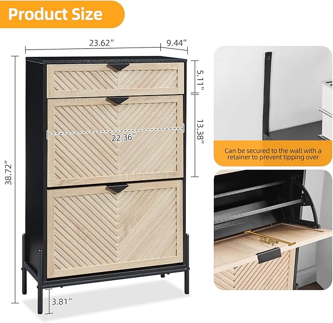 Shoe Cabinet Storage with 2 Flip Drawers, Narrow Hidden Shoes Organizer Cabinet for Entryway, Freestanding Slim Shoe Rack Front Door Entrance(Oak&Black)
