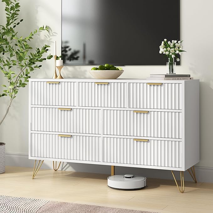 White Dresser for Bedroom, 7 Drawers Dresser with Golden Handles, Modern Wood Chest for Living Room, Hallway, Entryway