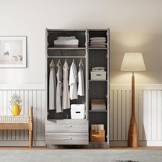Mirror 3 Doors Closet Wardrobe with 2 Drawers and Top Cabinet, Modern Wooden Armoire Wardrobe Closet with Hanging Rod for Bedroom, Freestanding Bedroom Closet, Clothes Storage Organizer (Gray)