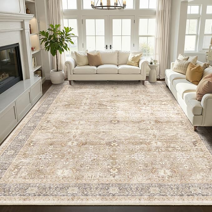Large Rugs for Living Room 10x14, Farmhouse Big Area Rug for Bedroom Dining Room, Washable Non Slip Low Pile Thin Room Rug for Dining Room Family Room, Earth Tone Beige Taupe