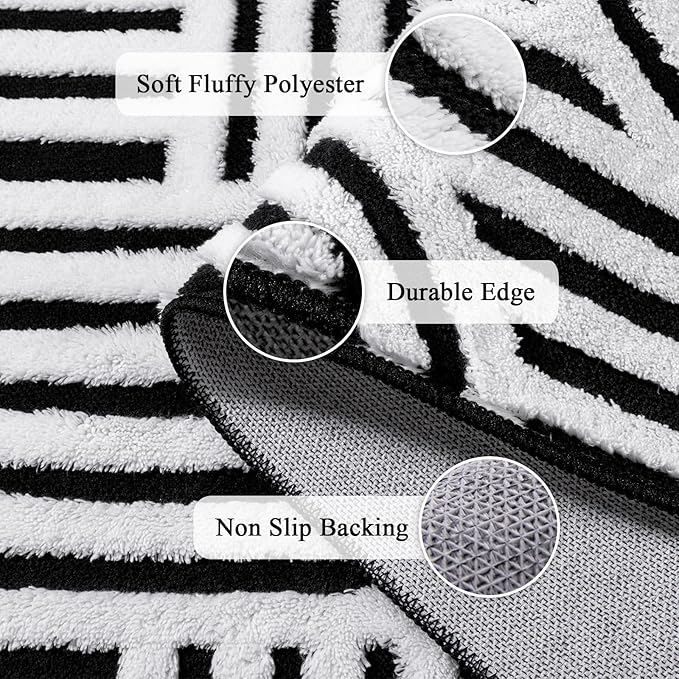 SHACOS Soft Cozy Fluffy Arch Pattern High Low Pile Rugs 3'x5' Non Slip Washable Scandinavian Minimalist Rug Modern Geometric Arc Carpet for Living Room Bedroom Dining Room, Black White