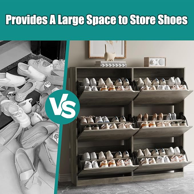 Xixini Shoe Storage Cabinet for Entryway with 6 Flip Drawers, Sturdy Wood Hidden Shoe Storage, Freestanding Narrow Slim Shoe Organizer for Front Door Entrance, Living Room, Hallway, Bedroom, Grey
