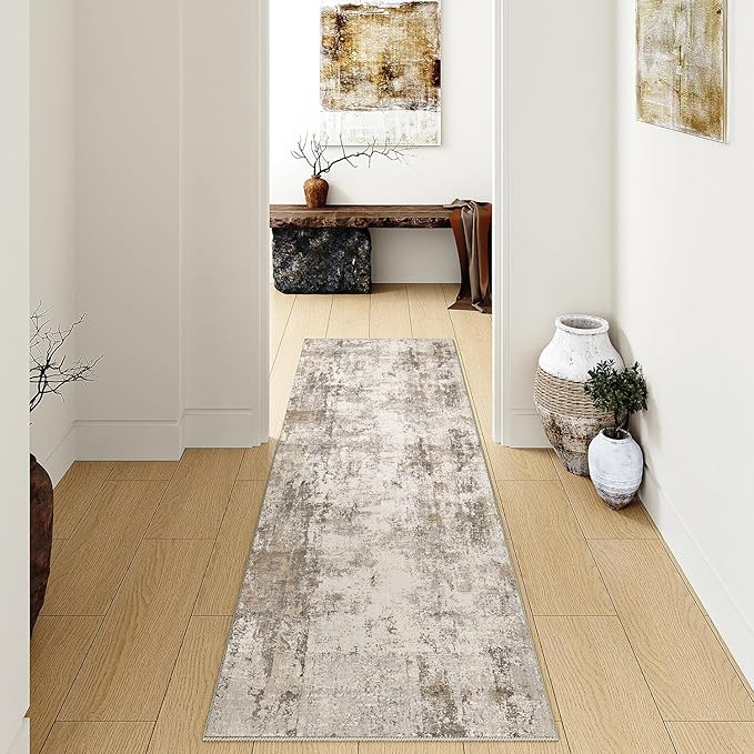 3x10 Washable Runner Rug Brown Grey Abstract Non Slip Soft Low Pile Hallway Kitchen Rug Neutral Modern Carpet for Laundry Bathroom Bedroom Living Room Home Decor