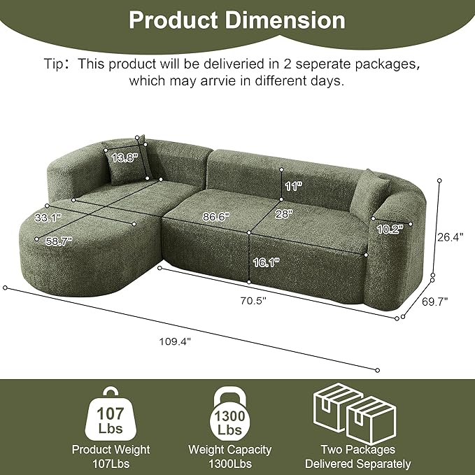 109.4" Sectional Couch with L-Shaped Chaise, Boneless Modular Sectional Sofa, Soft Chenille Sofa with Deep Seat for Living Room, No Assembly(Left-Facing Chaise, Green) | Breaathable Material