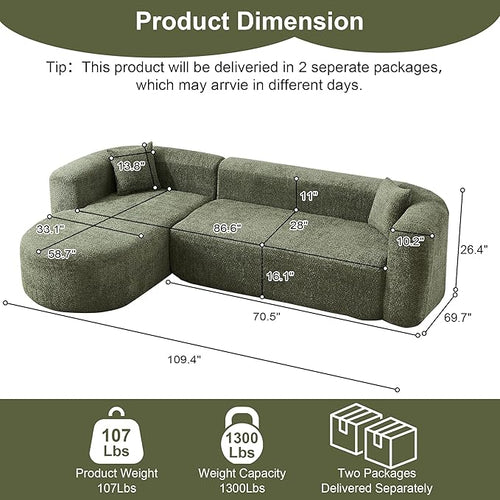 109.4" Sectional Couch with L-Shaped Chaise, Boneless Modular Sectional Sofa, Soft Chenille Sofa with Deep Seat for Living Room, No Assembly(Left-Facing Chaise, Green) | Breaathable Material
