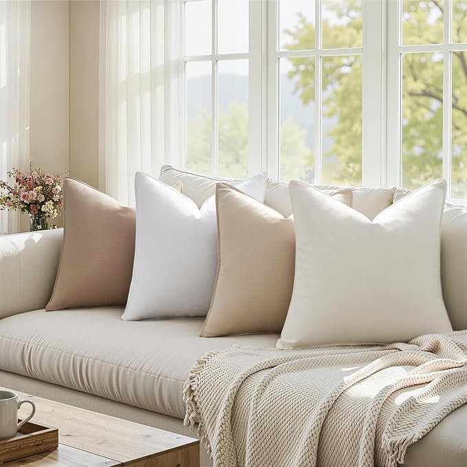 Pack of 4,Decorative Linen Soild Throw Pillow Covers Soft Accent Cushion Case Boho Farmhouse Neutral Pillowcase for Couch Sofa Bedroom Living Room Home Decor 12 x 20 Inch Brown