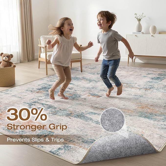 9x12 Area Rug Living Room: Washable Large Neutral Aqua Brown Rugs Abstract Soft Modern Stain Resistant Indoor Floor Non-Slip Carpet for Bedroom Nursery Kids Office Playroom Dining Room Under Table