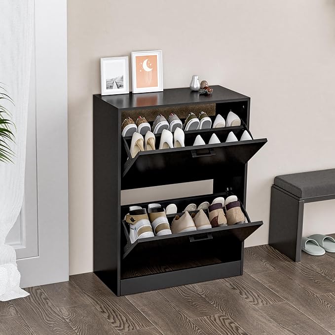 Shoe Cabinet with 2 Flip Drawers, Narrow Freestanding Shoe Organizer for Entryway, Hallway, Living Room, Black