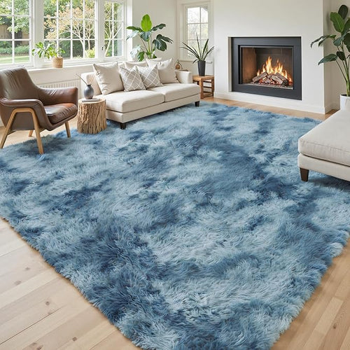 8x10 Area Rugs for Living Room Bedroom Fluffy, Large Area Rug Shag Shaggy Carpet Soft Plush Furry Bedside Rug, Area Rugs for Home Decor(8 x 10, Dark Blue Tie-Dyed)