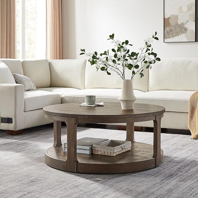 Coffee Table Round Wood 40" Modern Coffee Tables for Living Room Brown Circle Center 2-Tier Solid Desktop Accent with Shelf Storage Minimalistic Design Home Furniture Apartment Office Easy to Assemble
