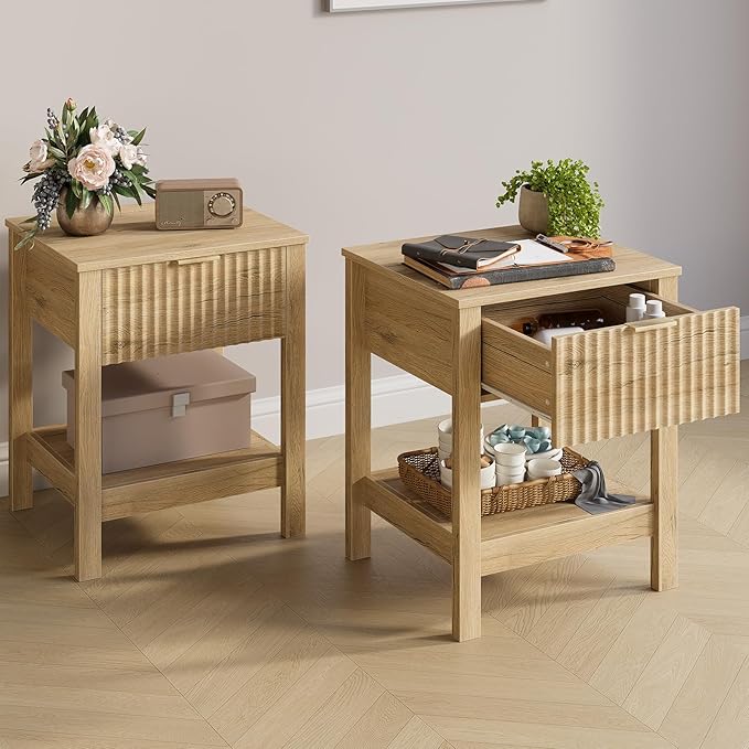 Fluted Night Stand with Golden Handle,Set of 2 Mid-Century Nightstands with Drawer, Bedside Table with Storage Shelf,Large Wood End Tables for Livingroom,Bed Side Tables for Bedroom, Natrual Oak
